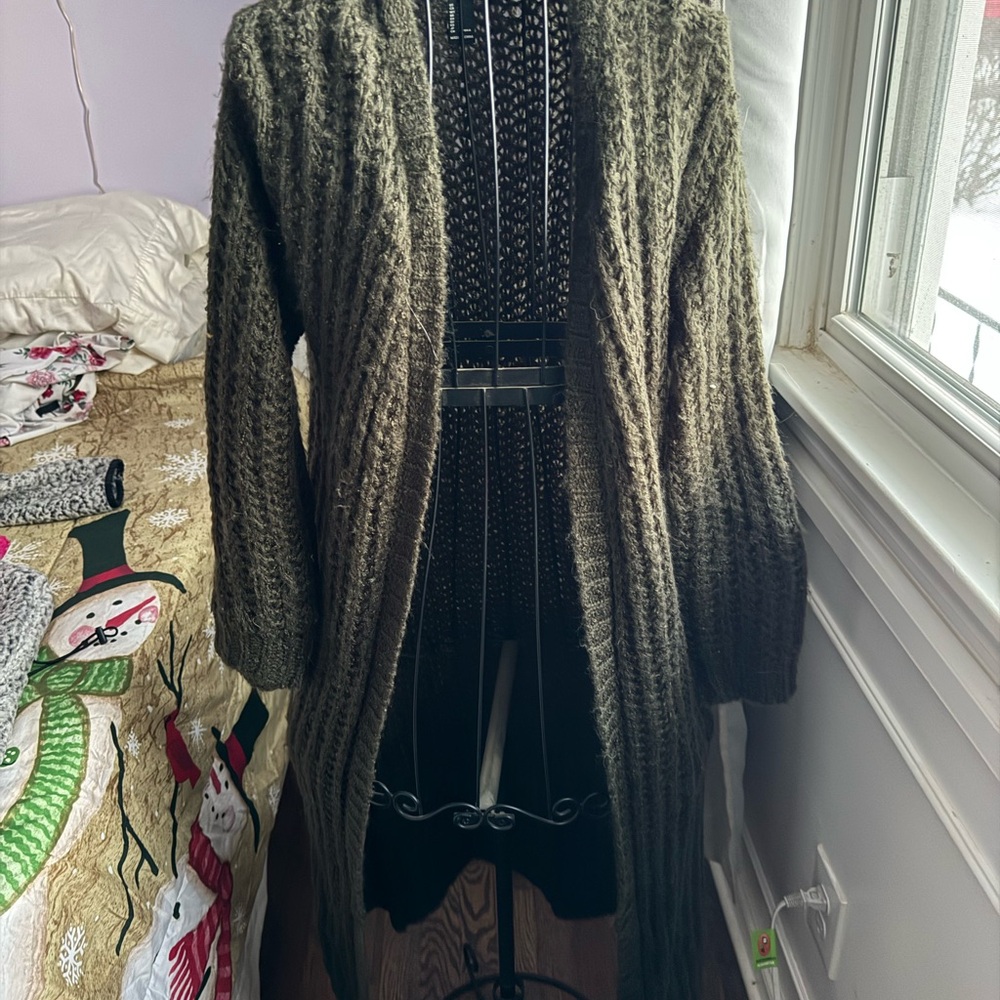 Olive Green Cable Knit Cardigan Sweater
